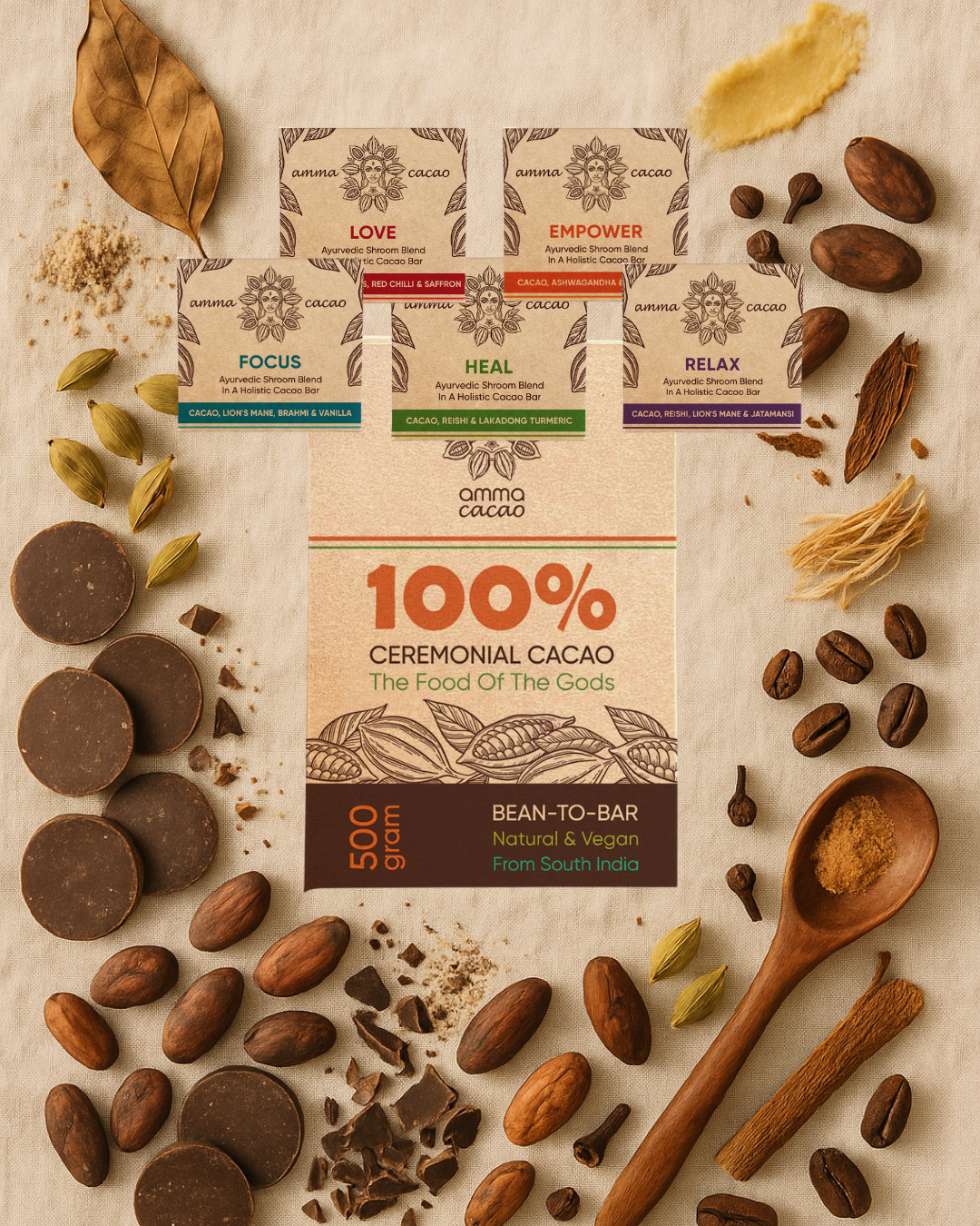 Wild Heart Starter Set – bundel met 500g ceremoniële cacao, Amma Bar en digitaal e-book voor cacao rituelen
