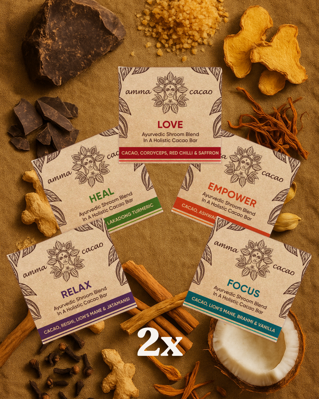 Amma Bars Sacred Ten – bundel van 10 ceremoniële cacao bars in 5 smaken met adaptogenen