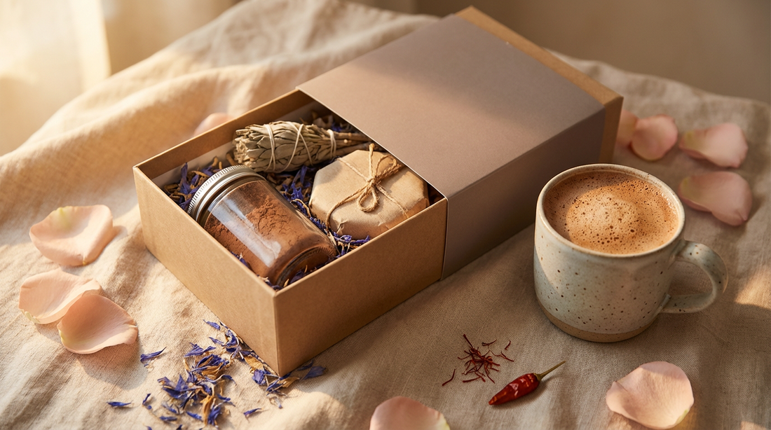 Spiritueel valentijn cadeau: LOVE Ritual Set met ceremoniële cacao, Blue Lotus en wierook voor een hartopenend ritueel.