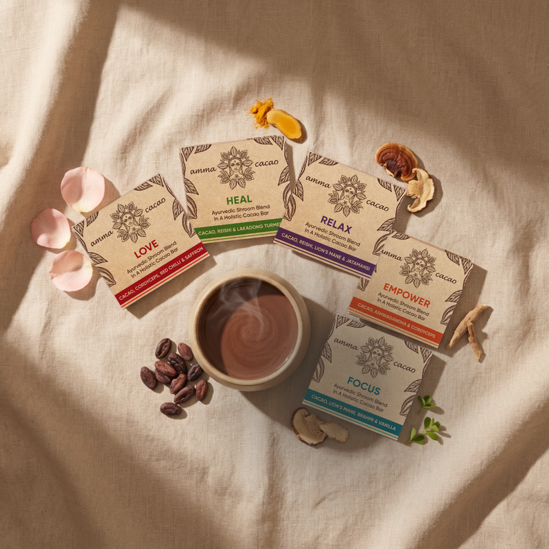 Amma Bars – Indiase ceremoniële cacao met ayurvedische adaptogenen, ashwagandha, lion’s mane en brahmi. Koffievrij, rijk aan magnesium, ideaal voor rituelen en ontspanning.