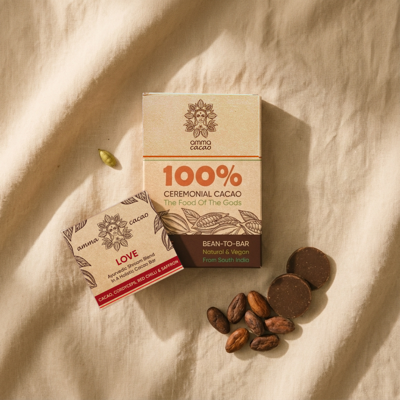 Amma Bars – Indiase ceremoniële cacao met ayurvedische adaptogenen, ashwagandha, lion’s mane en brahmi. Koffievrij, rijk aan magnesium, ideaal voor rituelen en ontspanning.