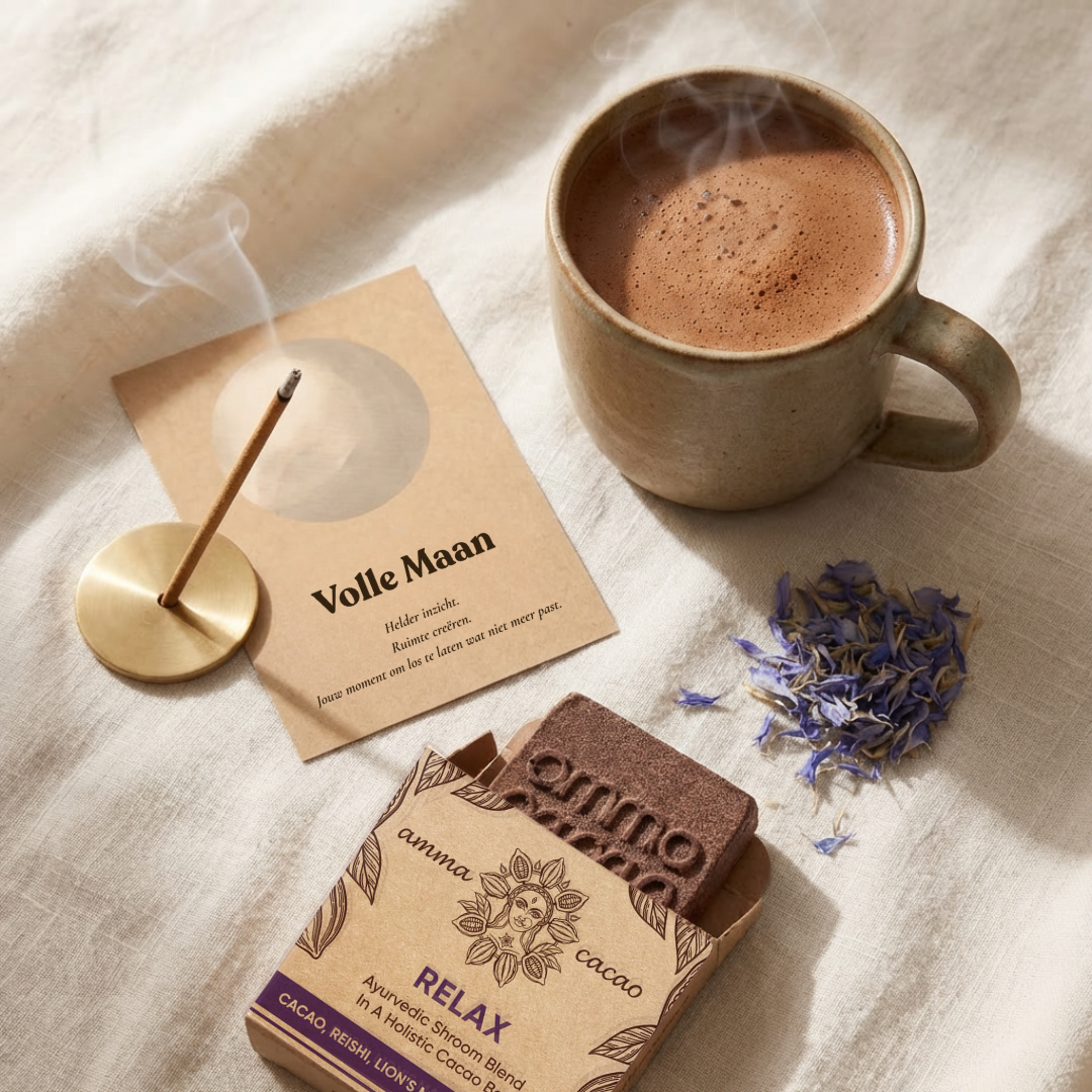 Volle Maan cacao ritueel met Relax Amma Cacao bar, Volle Maan intentiekaart, brandende wierook en een handgemaakte keramische mok cacao.