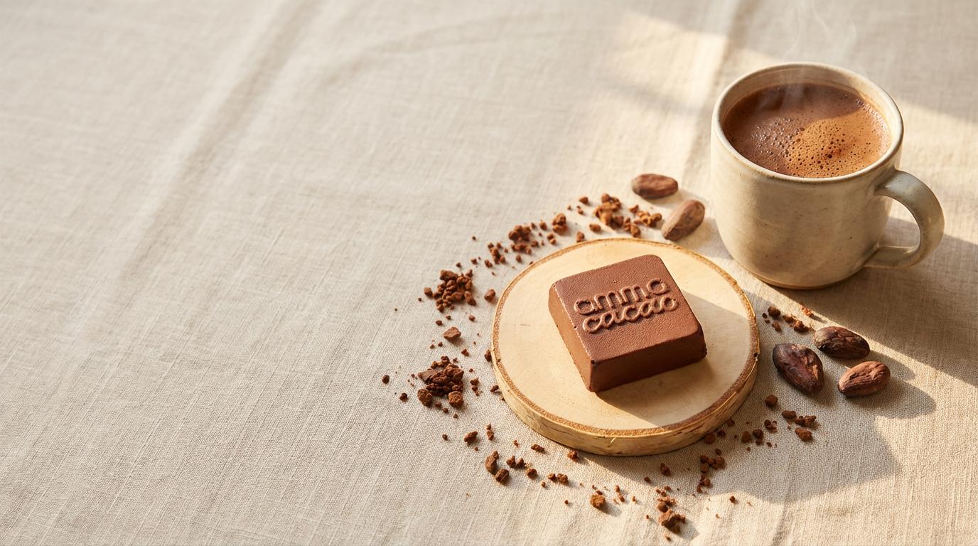 Ceremoniële cacao starter set met een puur Amma Cacao blok op een houten onderzetter, omringd door cacaobonen en een verse mok cacao voor een dagelijks ritueel.